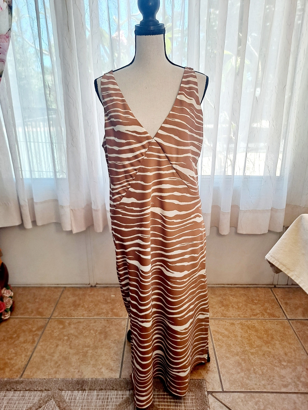 a new day Brown & Cream Zebra-Stripe V-Neck Midi Dress